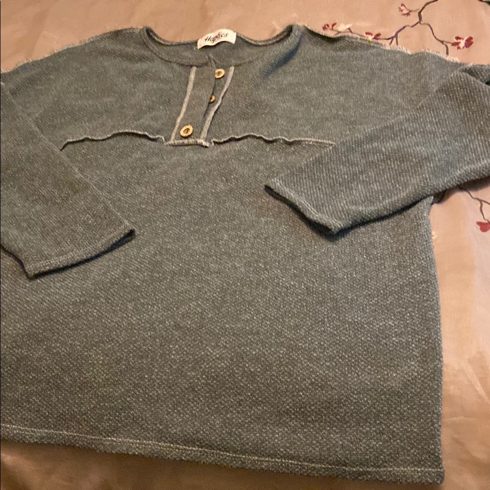 Women’s Crewneck Sweater with Henley Placket in Light Teal